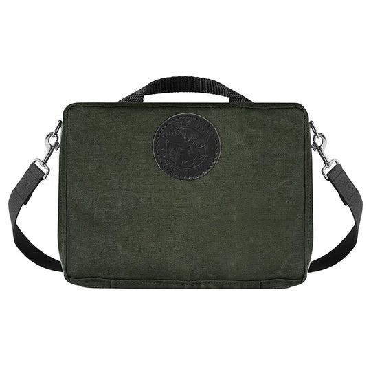 Mini Tackle Box in Olive Drab with removable cotton web shoulder strap, handmade canvas construction for durable outdoor gear use by Duluth Pack.