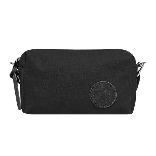 Riverwalk Purse in black rugged 15 oz canvas with adjustable cotton shoulder strap, showcasing durable craftsmanship for outdoor use and everyday wear.
