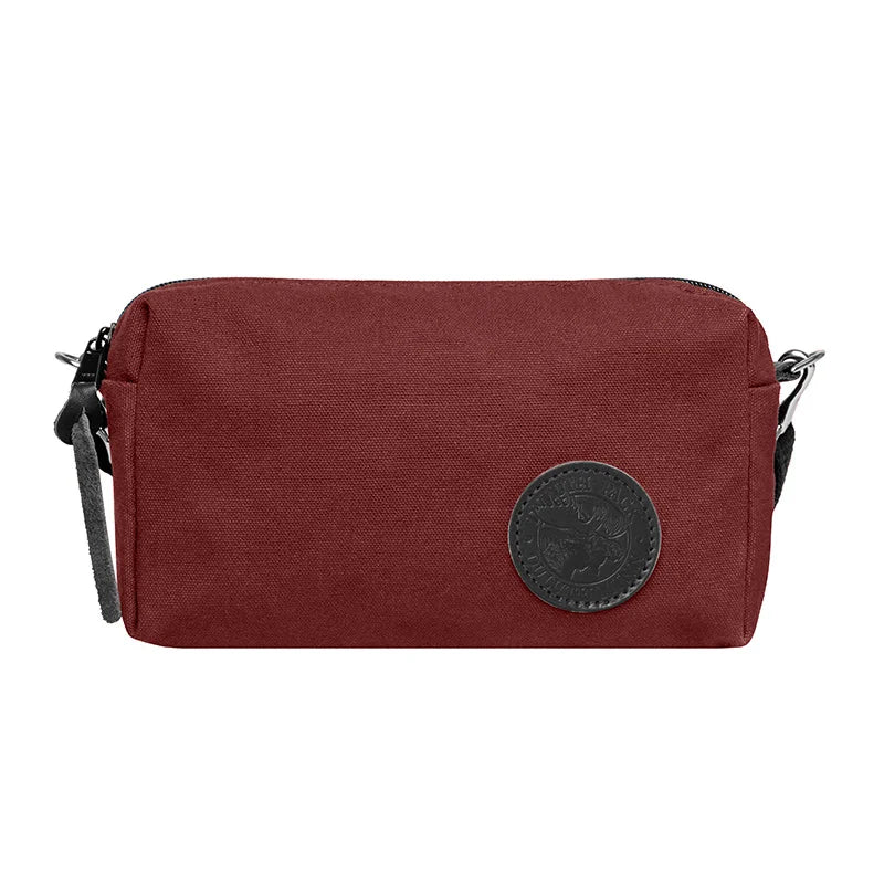 Riverwalk Purse in burgundy rugged 15 oz canvas with leather patch, featuring adjustable cotton web strap, designed for durable outdoor use.