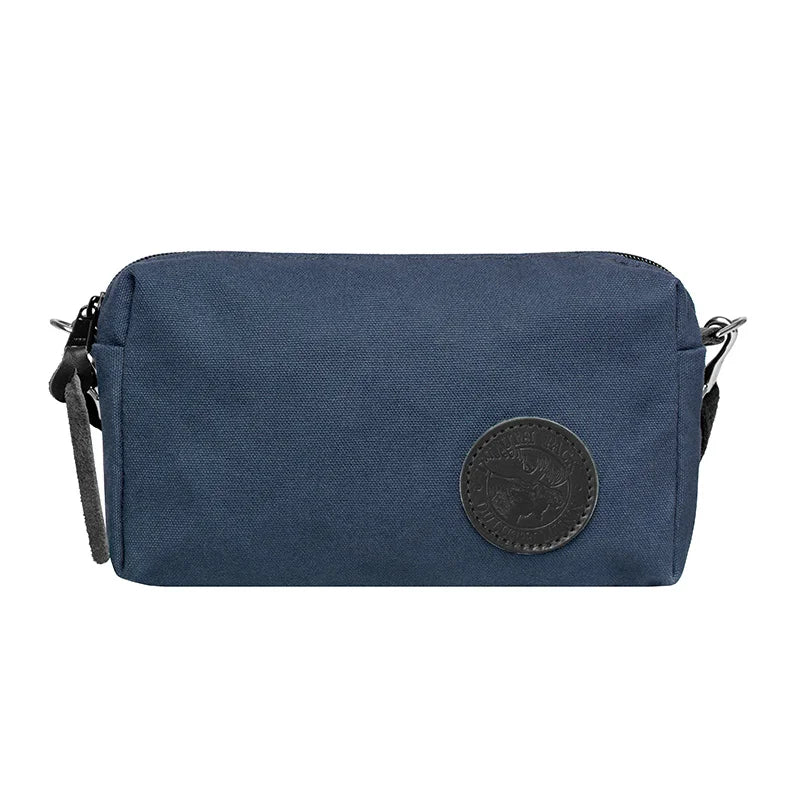 Riverwalk Purse in navy rugged 15 oz canvas with adjustable cotton strap, showcasing durable handmade craftsmanship for outdoor and everyday use.