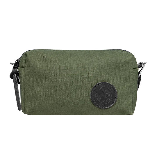 Riverwalk Purse in Olive Drab rugged 15 oz canvas with leather patch, designed for durable outdoor use by Duluth Pack, ideal for everyday adventures.