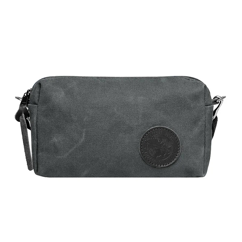 Riverwalk Purse in waxed grey rugged 15 oz canvas with adjustable cotton shoulder strap, designed for durable outdoor use.