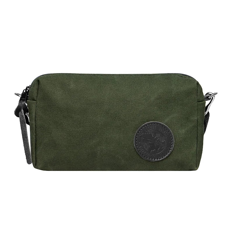 Riverwalk Purse in olive drab rugged 15 oz canvas with adjustable cotton web shoulder strap, showcasing durable craftsmanship for outdoor use by Duluth Pack.