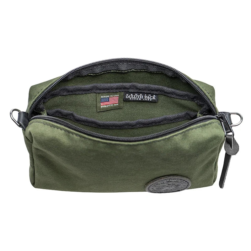 Riverwalk Purse in Olive Drab rugged 15 oz canvas with open main compartment showing interior canvas slip pocket, crafted for durable outdoor use