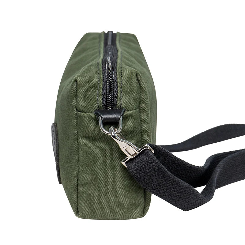 Riverwalk Purse in Olive Drab rugged 15 oz canvas with adjustable black cotton web shoulder strap, showcasing durable craftsmanship for everyday outdoor use.