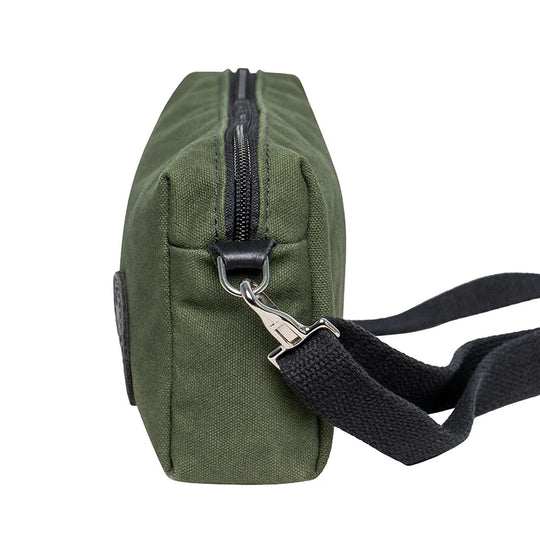 Riverwalk Purse in Olive Drab rugged 15 oz canvas with adjustable black cotton web shoulder strap, showcasing durable craftsmanship for everyday outdoor use.