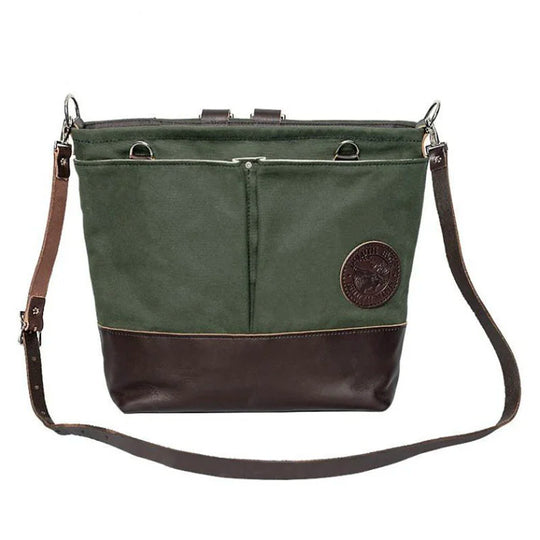 Convertible Jet-Setter Tote in Olive Drab Front with Strap Over the Shoulder