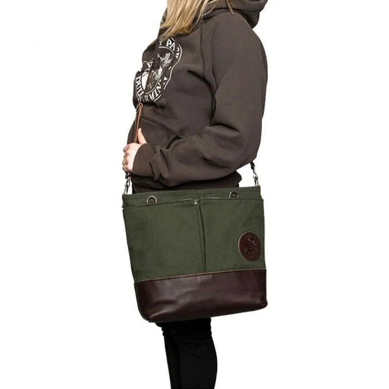 Convertible Jet-Setter Tote in Olive Drab over shoulder of model