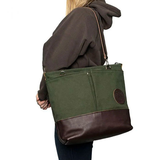Convertible Jet-Setter Tote in Olive Drab on Shoulder of Model