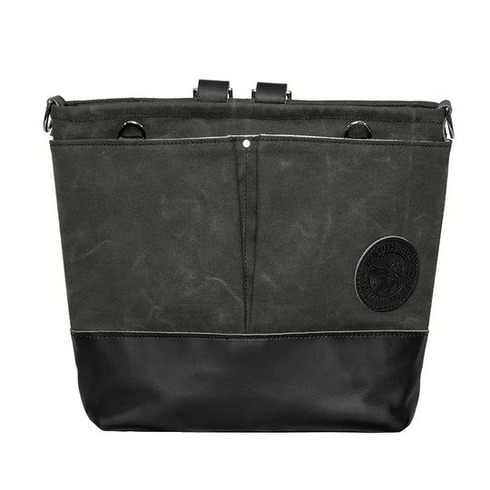 Convertible Jet-Setter Tote in waxed grey canvas and black leather, featuring durable craftsmanship by Duluth Pack for versatile outdoor use and travel adventures.