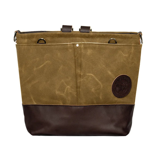 Convertible Jet-Setter Tote in waxed khaki canvas and leather, featuring durable craftsmanship from Duluth Pack for versatile outdoor and travel use.
