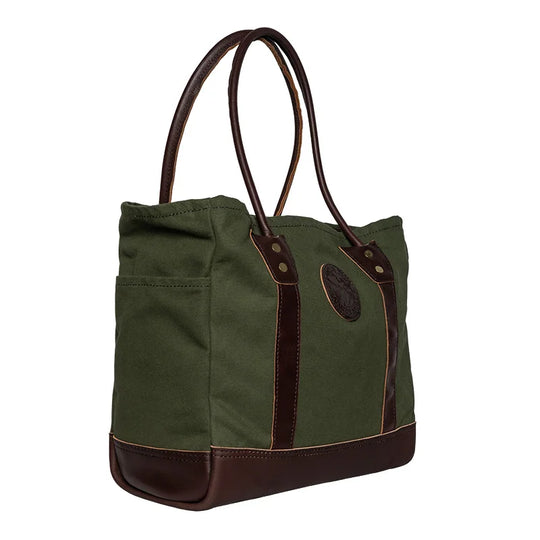 Highlander Tote in Olive Drab with leather trim, featuring durable canvas construction and designed for outdoor use by Duluth Pack.
