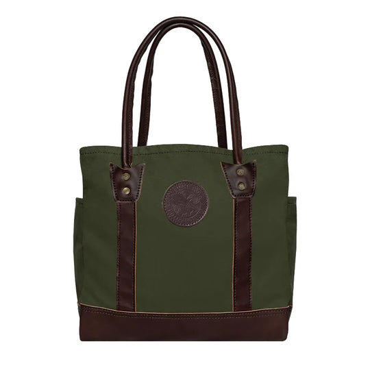 Highlander Tote in Olive Drab with leather accents, featuring durable canvas construction and sturdy handles, perfect for rugged outdoor use by Duluth Pack.