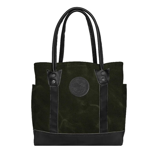 Highlander Tote in waxed olive drab canvas and leather, featuring durable craftsmanship by Duluth Pack, perfect for rugged everyday use and outdoor adventures.