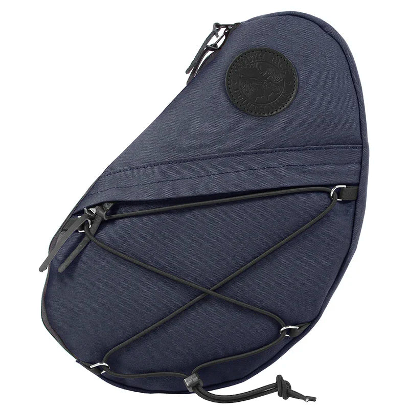Sling Pack in Navy featuring hand-constructed durable canvas, external pocket, and adjustable cord for versatile outdoor use and rugged performance.