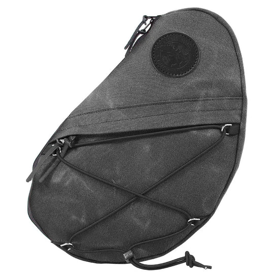 Sling Pack in waxed grey canvas with outside pocket and durable construction, designed for versatile outdoor use and rugged performance.