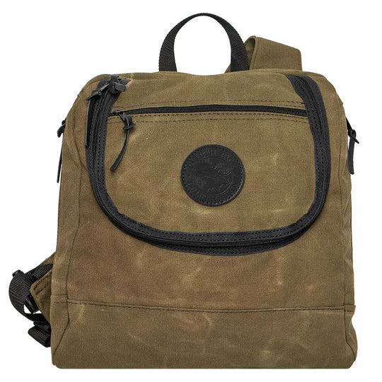 Blind Bag in waxed khaki canvas with black accents, designed for rugged outdoor use and functional hunting gear by Duluth Pack.