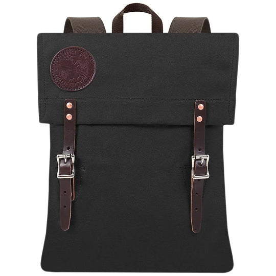 Scout Pack in black with handmade canvas and leather straps, showcasing rugged design ideal for outdoor use and long-lasting performance by Duluth Pack.