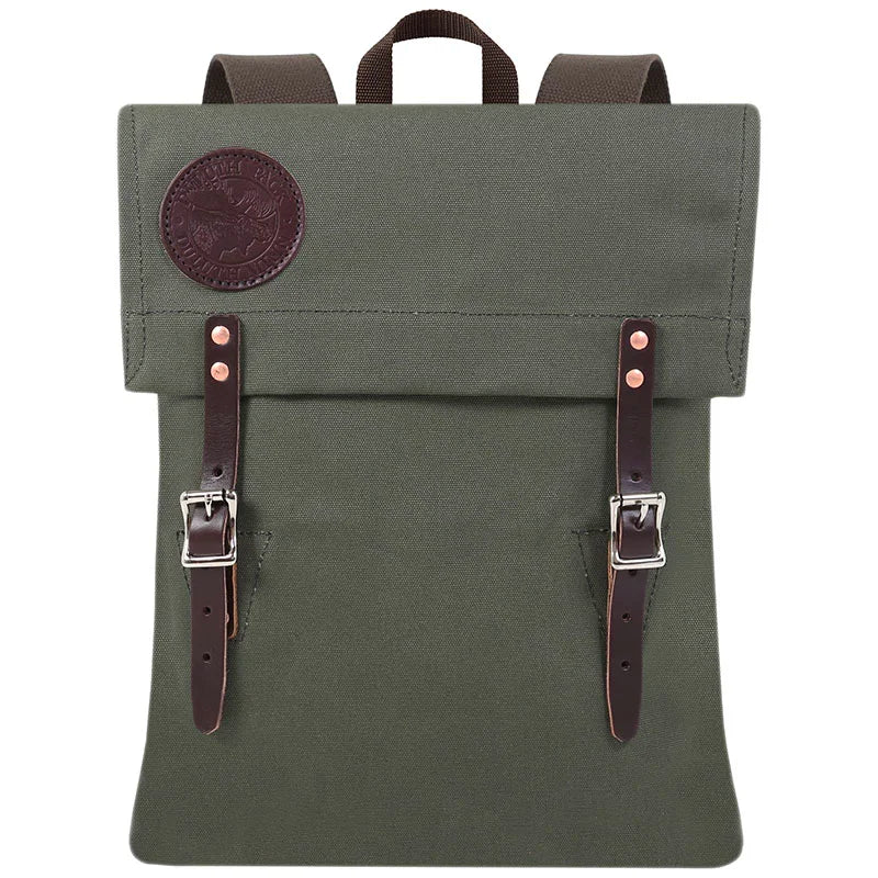 Scout Pack in Olive Drab handmade 15-ounce canvas with leather straps, designed for durable outdoor use by Duluth Pack in heritage style