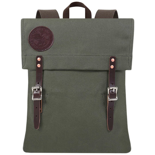 Scout Pack in Olive Drab handmade 15-ounce canvas with leather straps, designed for durable outdoor use by Duluth Pack in heritage style