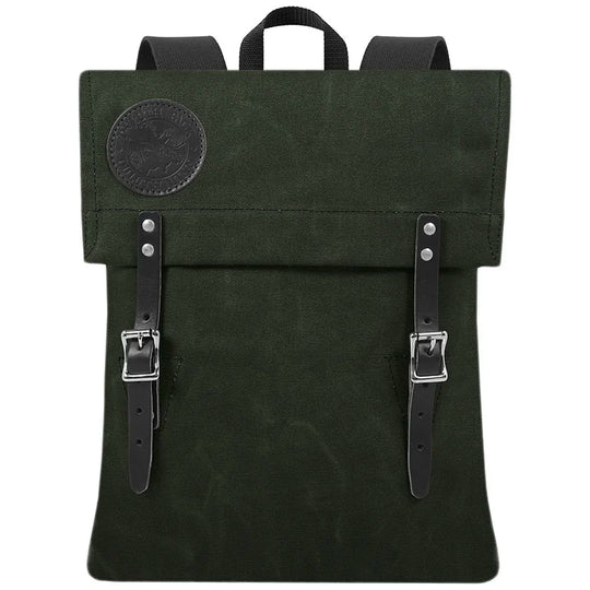 Scout Pack in Olive Drab featuring handmade waxed canvas and leather straps, designed by Duluth Pack for rugged outdoor use and long-lasting durability.