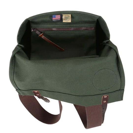 Scout Pack in Olive Drab canvas with leather accents showcasing spacious interior and durable handcrafted design ideal for outdoor use by Duluth Pack