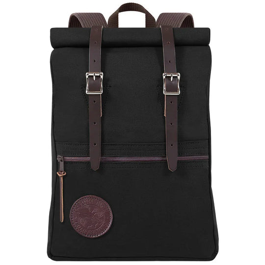Roll-Top Scout Pack in black canvas and leather with adjustable roll-top closure, designed for durable outdoor use and versatile packing by Duluth Pack.