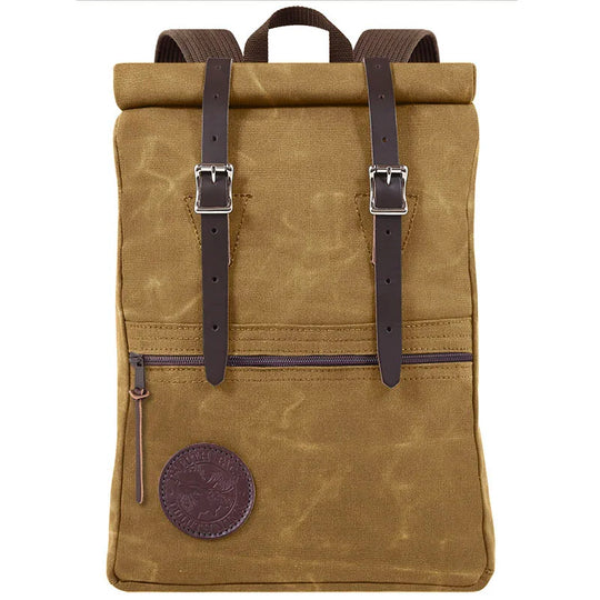 Roll-Top Scout Pack in rugged waxed canvas with leather straps, designed for durable outdoor use and versatile storage by Duluth Pack.