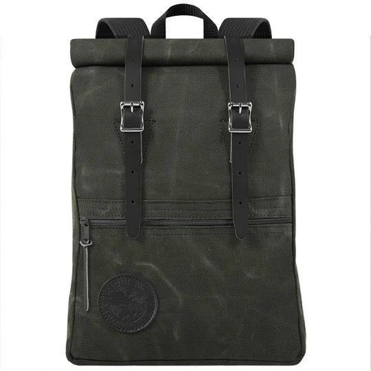 Roll-Top Scout Pack in rugged waxed canvas with leather straps, designed for versatile outdoor use and secure storage by Duluth Pack’s heritage craftsmanship.