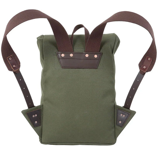 Roll-Top Scout Pack in durable olive green canvas with brown leather accents and adjustable straps, designed for rugged outdoor use by Duluth Pack.