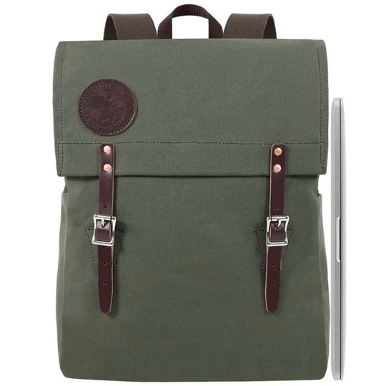 Laptop Scoutmaster in Olive Drab with leather straps by Duluth Pack, handmade canvas backpack ideal for durable, rugged outdoor and urban use.