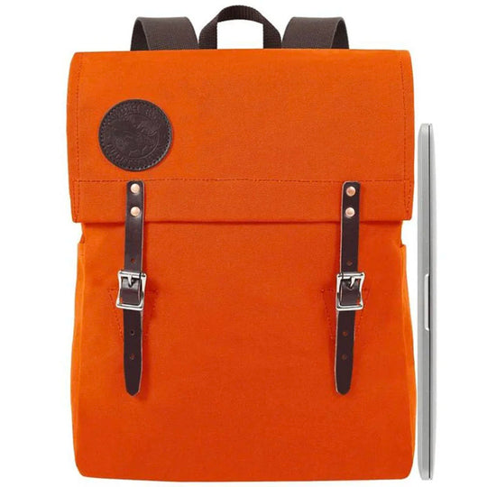 Laptop Scoutmaster in orange canvas with leather straps, showcasing durable handmade craftsmanship by Duluth Pack for rugged outdoor and urban use.