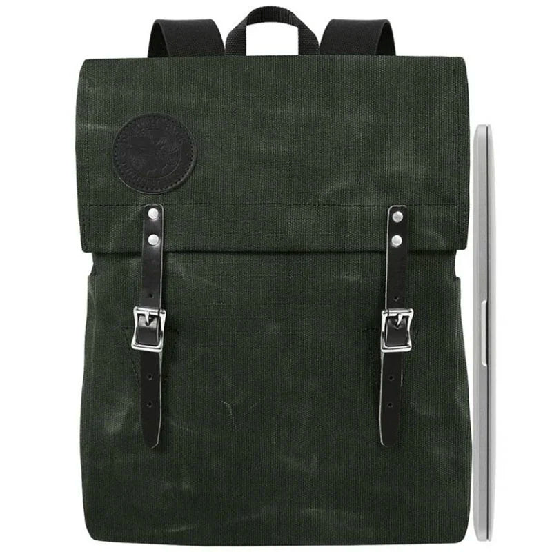 Laptop Scoutmaster in Olive Drab featuring durable handmade canvas and leather straps, designed by Duluth Pack for rugged outdoor and urban use.