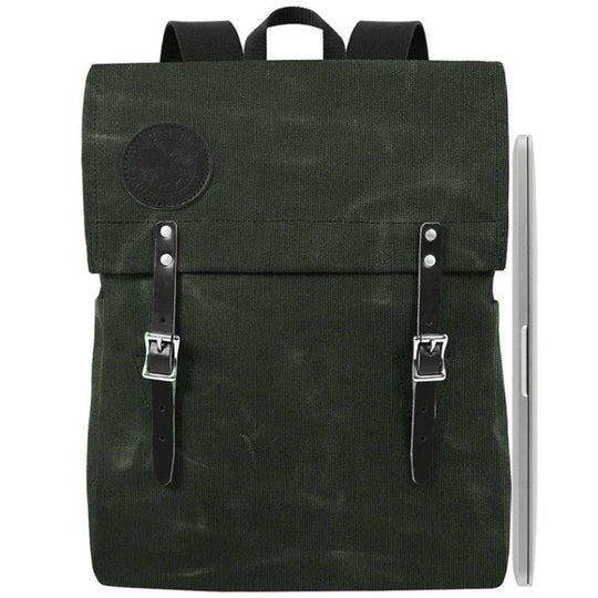 Laptop Scoutmaster in Olive Drab featuring durable handmade canvas and leather straps, designed by Duluth Pack for rugged outdoor and urban use.