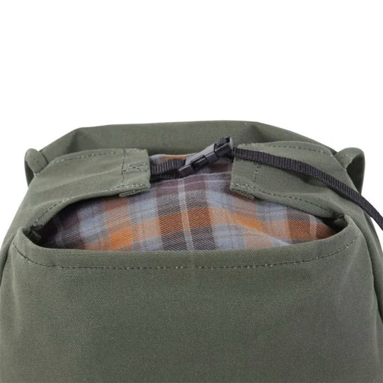Laptop Scoutmaster in Olive Drab with durable canvas and plaid interior, showcasing rugged outdoor design by Duluth Pack ideal for town and trail use.