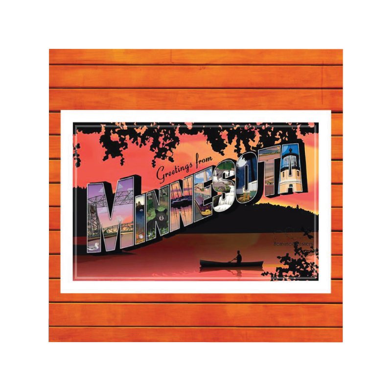 Post card that says "Greetings From Minnesota on it on a white background.