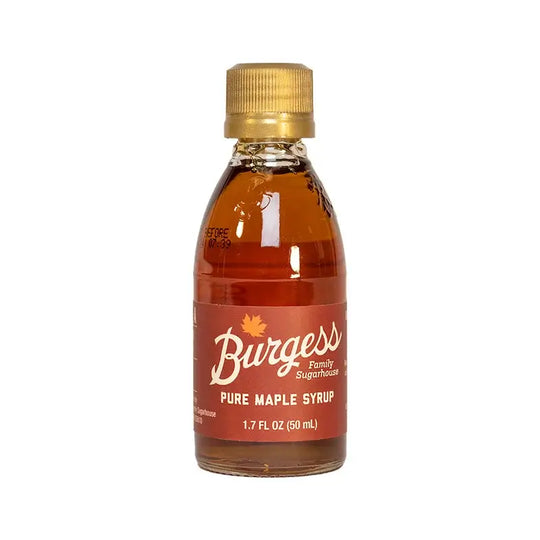 Bottle of Burgess Pure Maple Syrup in 1.7 Oz size on a white background