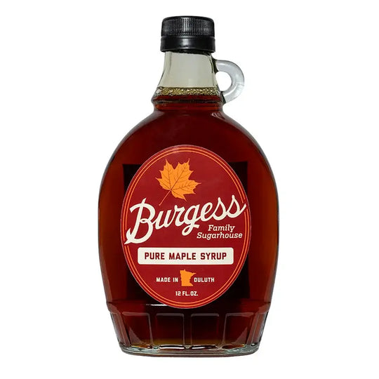 Bottle of Burgess Pure Maple Syrup in 12 Oz size on a white background
