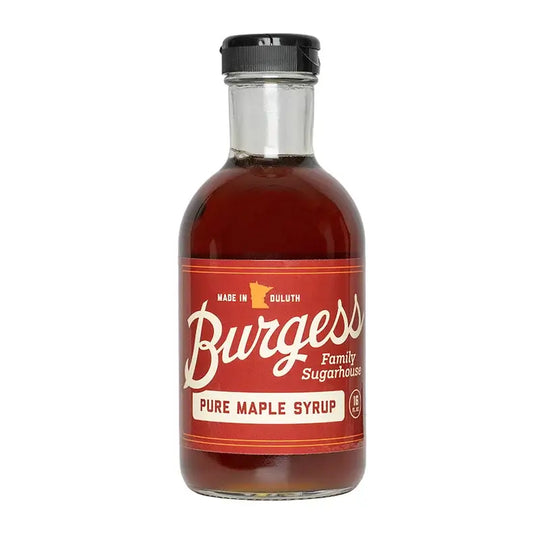 Bottle of Burgess Pure Maple Syrup in 16 Oz size on a white background