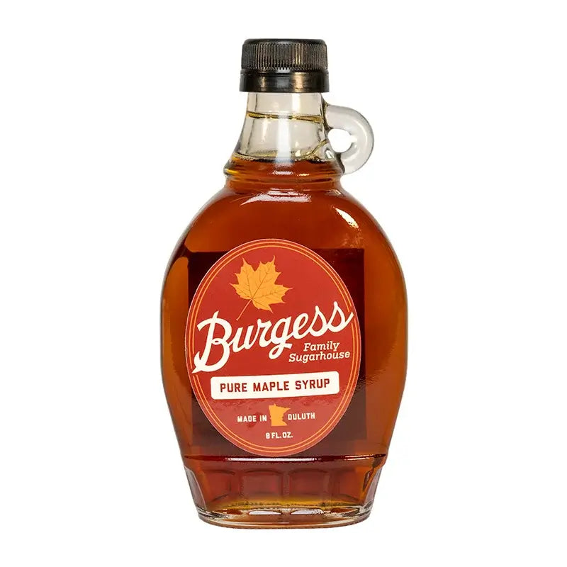 Bottle of Burgess Pure Maple Syrup in 8 Oz size on a white background