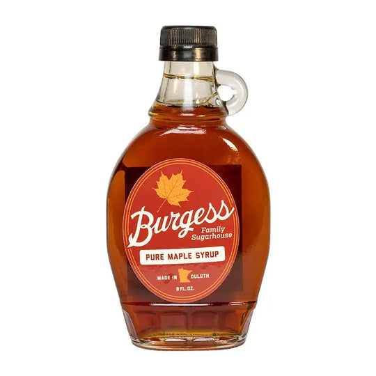 Bottle of Burgess Pure Maple Syrup in 8 Oz size on a white background