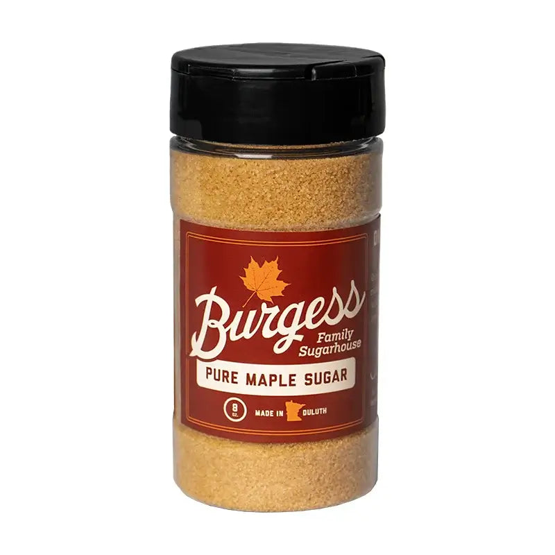 Jar of Burgess pure maple sugar on a white background