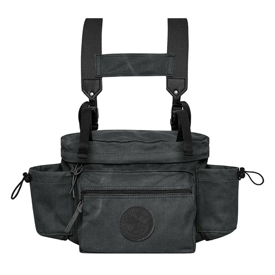 All Day Lumbar Pack in black canvas with removable straps and waterproof bottom, designed by Duluth Pack for durable outdoor use and rugged adventures.