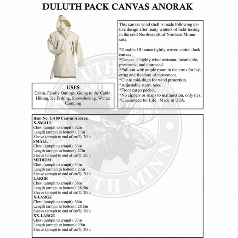 Duluth Pack Canvas Anorak Uses and Size Chart
