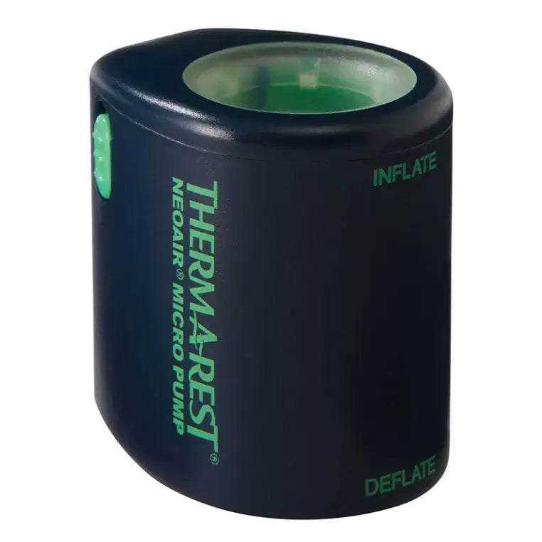 Therm-a-Rest NeoAir Micro Pump with 'Inflate' and 'Deflate' labels on a white background