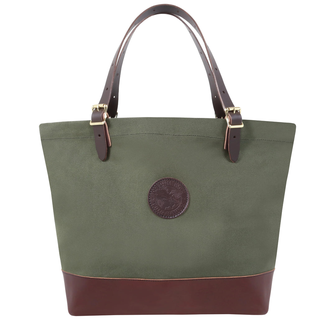 Deluxe Market Tote in olive drab with rugged canvas and leather construction, featuring quality leather handles and durable brass hardware by Duluth Pack.