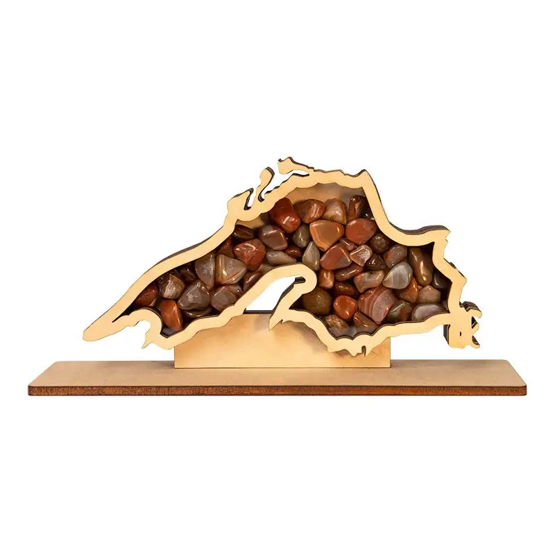 Decorative Lake Superior Agate Rock Display with wooden frame on a white background