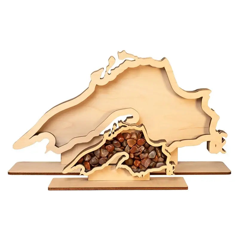Decorative Lake Superior Agate Rock Displays Comparing Large and Small Sized Displays with wooden frame on a white background