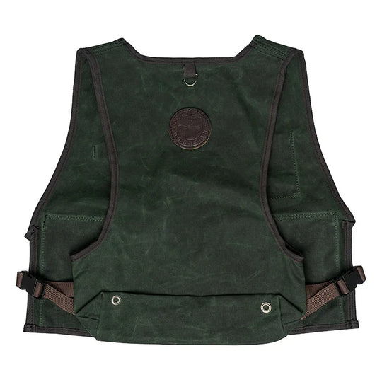 Fly Vest in dark green canvas with back-mounted d-ring and adjustable straps, designed by Duluth Pack for durable fly fishing gear use outdoors.