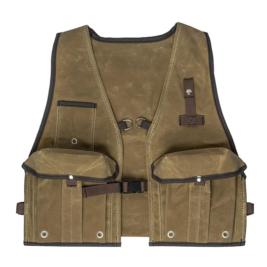 Fly Vest in wax khaki color by Duluth Pack featuring durable canvas, multiple front pockets, and a back mounted d-ring, designed for rugged outdoor fishing use.